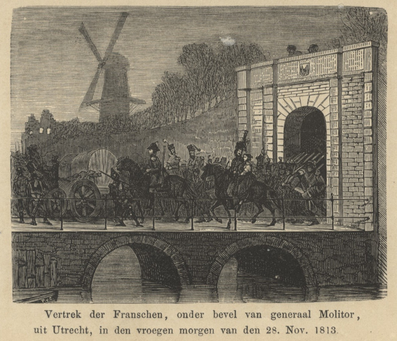 afbeelding van prent Vertrek der Fransschen, onder bevel van generaal Molitor van nn (Utrecht)