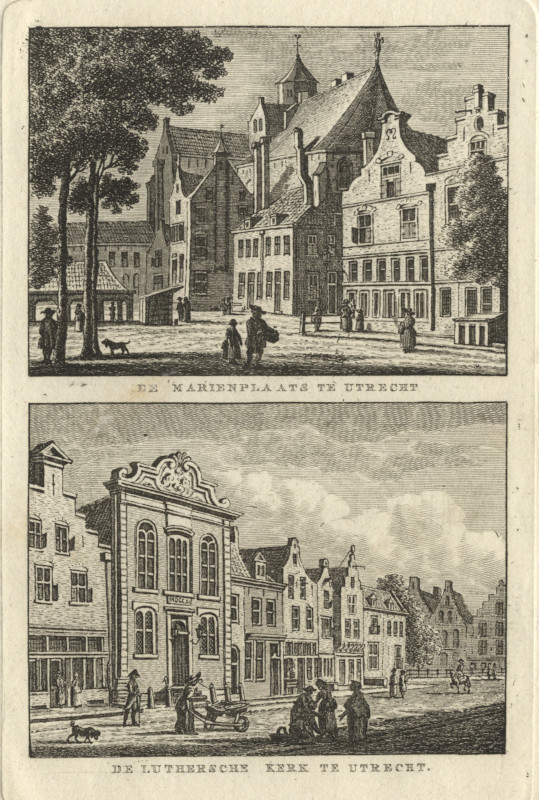 afbeelding van prent De Marienplaats te Utrecht, de Lutherschen kerk te Utrecht van K.F. Bendorp, J. Bulthuis (Utrecht)