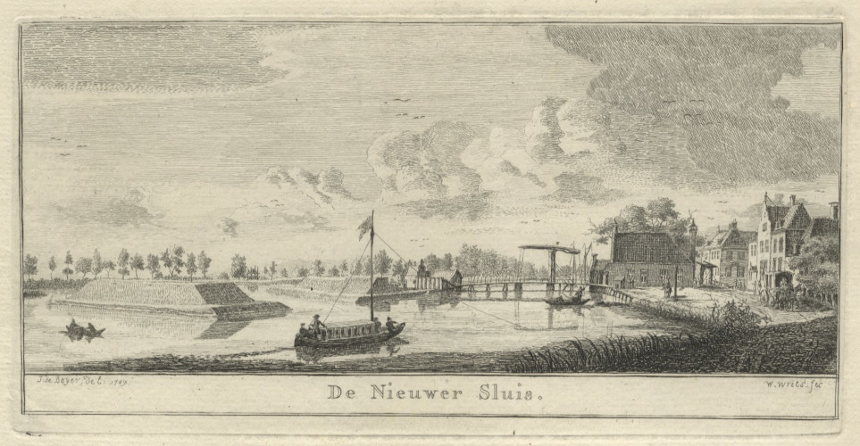 afbeelding van prent De Nieuwer Sluis van W. Writs naar J. de Beijer (Nieuwersluis)