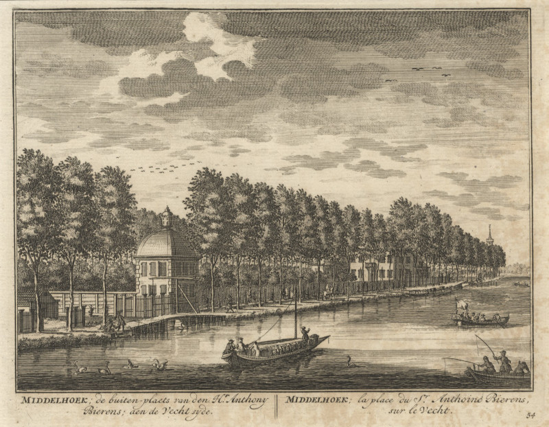 afbeelding van prent Middelhoek; de buiten-plaets van den Hr. Anthony Bierens; aen de Vecht syde van D. Stoopendaal (Loenen aan de Vecht)