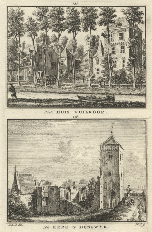 afbeelding van prent Het Huis Vuilkoop; De Kerk te Honswyk van H. Spilman naar J. de Beijer (Houten)