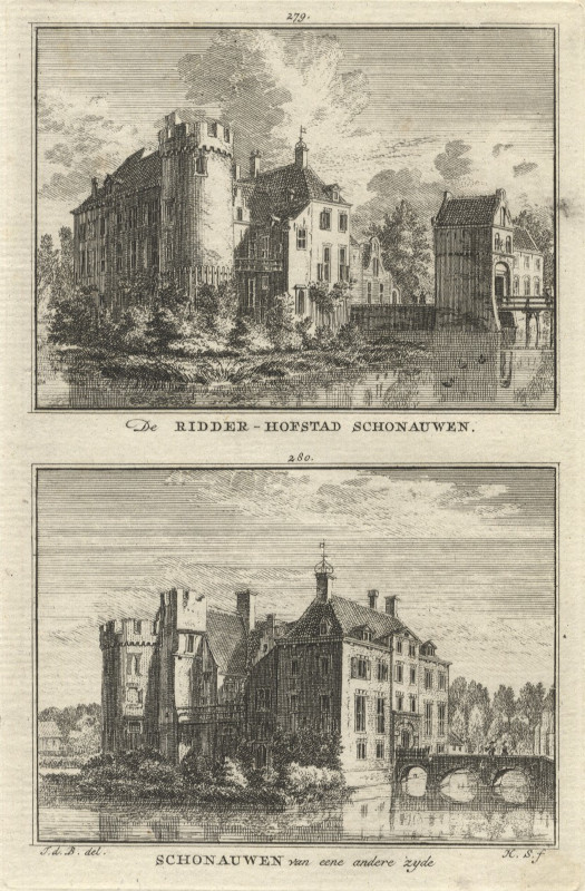 afbeelding van prent De Ridder-Hofstad Schonauwen; Schonauwen van een andere zyde van H. Spilman naar J. de Beijer (Schonauwen, Houten)