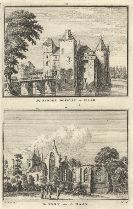 afbeelding van prent De ridder Hofstad de Haar; de Kerk van de Haar van H. Spilman naar J. de Beijer (Haarzuilens)