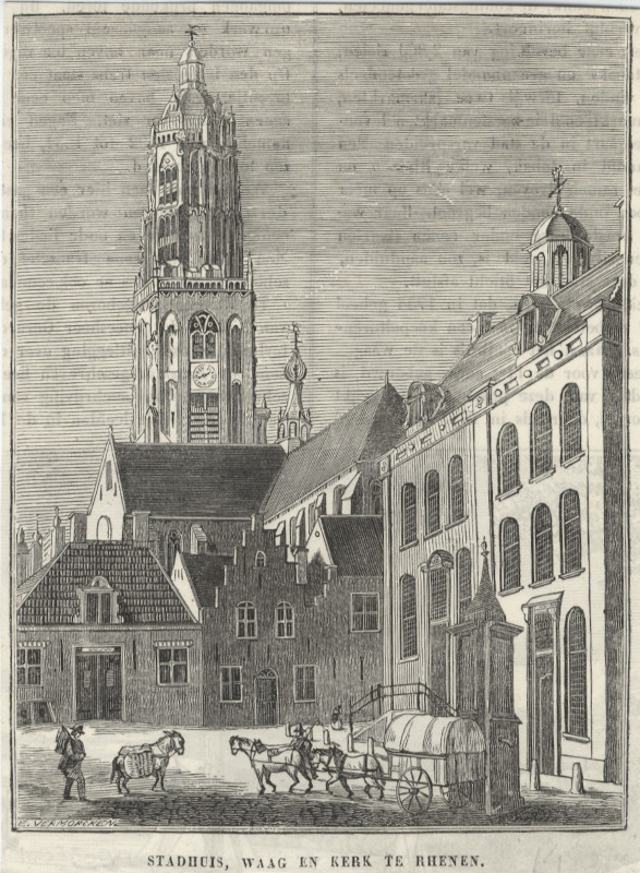 afbeelding van prent Stadhuis, Waag en Kerk te Rhenen van E. Vermorcken (Rhenen)