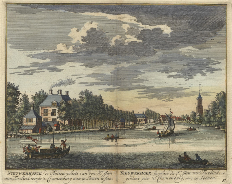 afbeelding van prent Nieuwerhoeck; de Buiten-plaets van den Hr. Jan van Tarelink voorbij Croonenburg naer Loenen te sien van D. Stoopendaal (Loenen aan de Vecht)