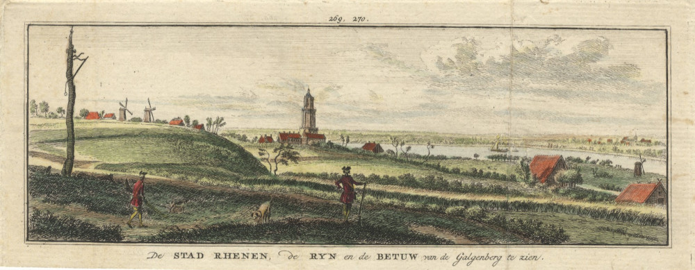 afbeelding van prent De Stad Rhenen, de Ryn en de Betuw van de Galgenberg te zien van H. Spilman naar J. de Beijer (Rhenen)