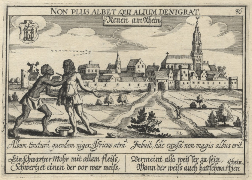 afbeelding van prent Renen am Rhein; Non plus albet, qui alium denigrat van Daniel Meisner, Eberhard Kieser (Rhenen)