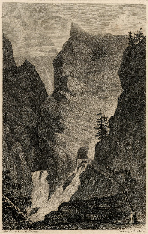 afbeelding van prent Gallerie von Gondo (Simplon Strasse) van J. G. Martini, v. Brankedon (Simplon, Gondo)