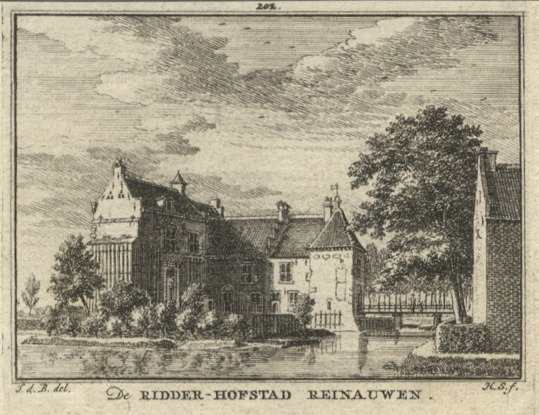 afbeelding van prent De Ridder-hofstad Reinauwen van H. Spilman naar J. de Beijer (Bunnik)