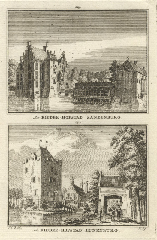 afbeelding van prent De Ridder-Hofstad Sandenburg; De Ridder-Hofstad Lunenburg van H. Spilman naar J. de Beijer (Langbroek)