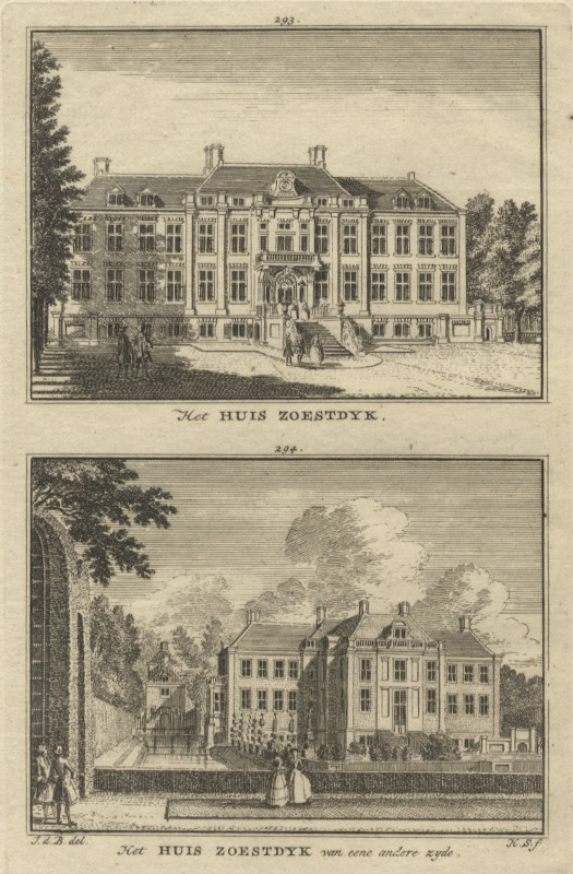 afbeelding van prent het Huis Zoestdijk; Het Huis Zoestdyk van eene andere zyde van H. Spilman naar J. de Beijer (Baarn)