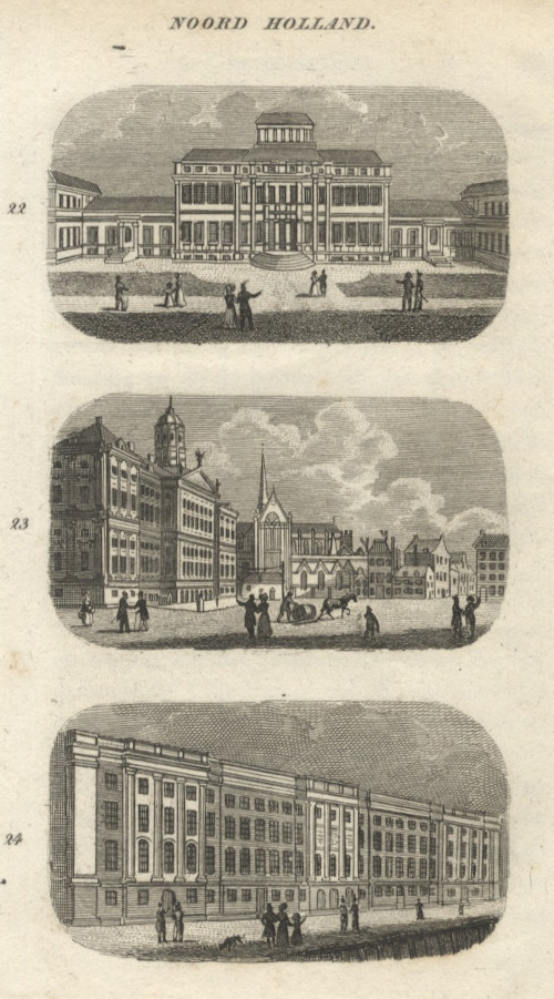 afbeelding van prent Het Paleis van den Kroonprins te Soestdijk; Het Paleis te Amsterdam; Het Paleis van Justitie van nn (Amsterdam, Baarn)