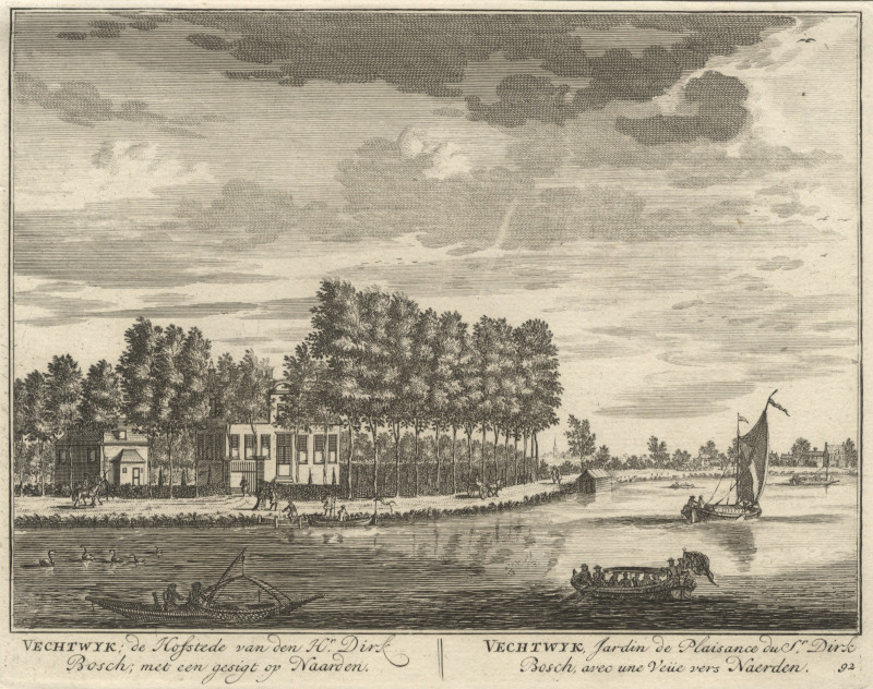 afbeelding van prent Vechtwyk: de Hofstede van den Hr. Dirk Bosch; met een gesigt op Naarden van D. Stoopendaal (Weesp)