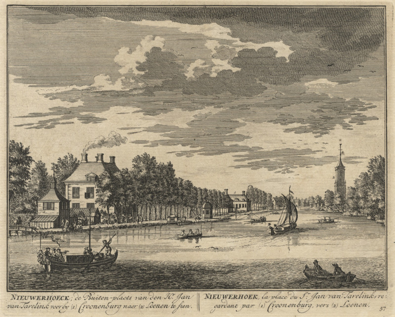 afbeelding van prent Nieuwerhoeck: de Buiten-plaets van den Hr. Jan van Tarelink .. van D. Stoopendaal (Loenen aan de Vecht)