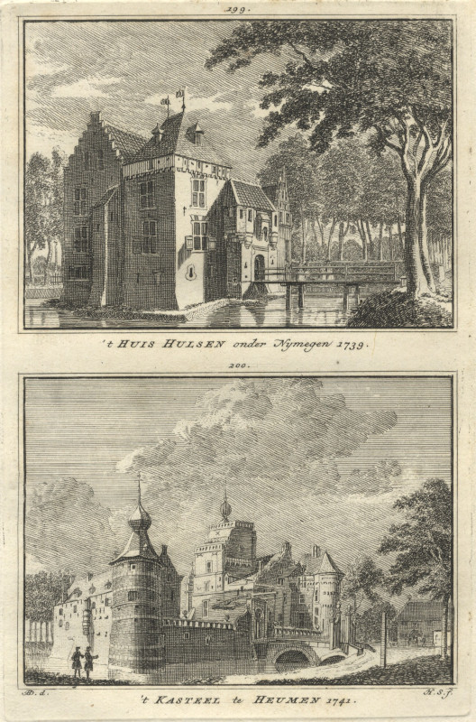 afbeelding van prent ´t Huis Hulsen onder Nymegen 1739; ´t Kasteel te Heumen 1742 van H. Spilman naar J. de Beijer (Nijmegen, Heumen)