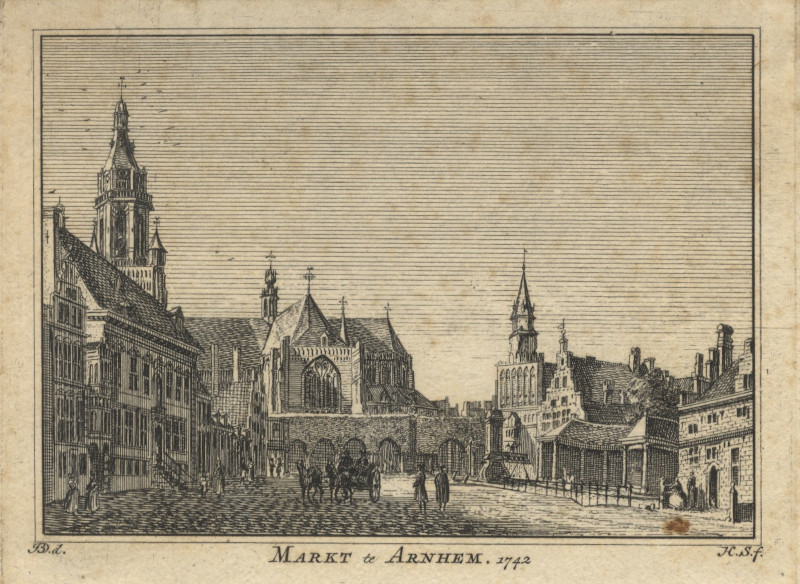 afbeelding van prent Markt te Arnhem; 1742 van H. Spilman naar J. de Beijer (Arnhem)