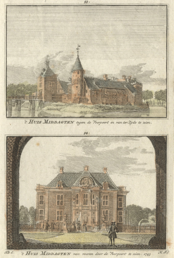 afbeelding van prent ´t Huis Middagten tegen de Voorpoort en van ter Zyde te zien; van vooren door de Voorpoort te  van H. Spilman naar J. de Beijer (De Steeg)