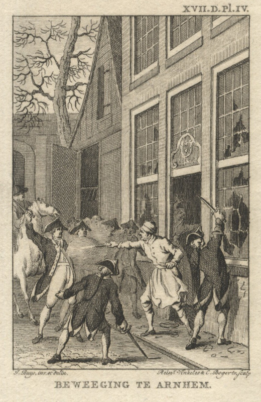 afbeelding van prent Beweeging te Arnhem van R. Vinkeles en C. Bogerts, naar J. Buys (Arnhem)