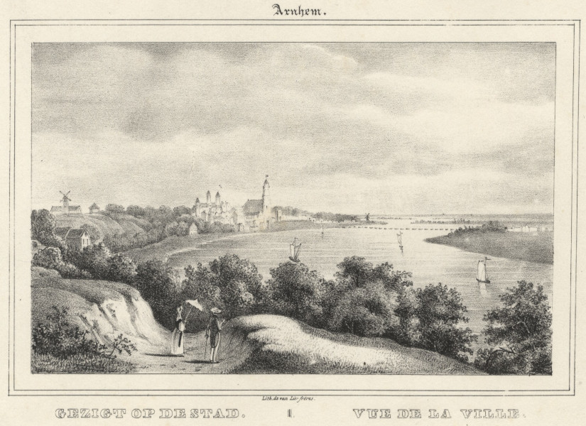 afbeelding van prent Arnhem. Gezigt op de Stad. Vue de la ville. van gebr. van Lier (Arnhem)