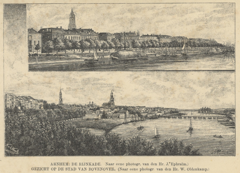 afbeelding van prent Arnhem: de Rijnkade; Gezicht op de stad van bovenover van N. v.d. Waals (Arnhem)