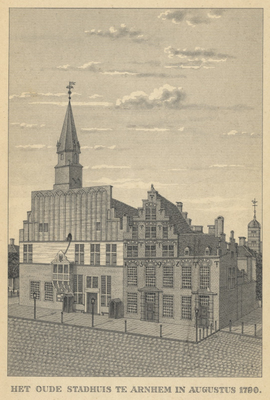afbeelding van prent Het oude stadhuis te arnhem in augustus 1790 van G.J. Thieme (Arnhem)