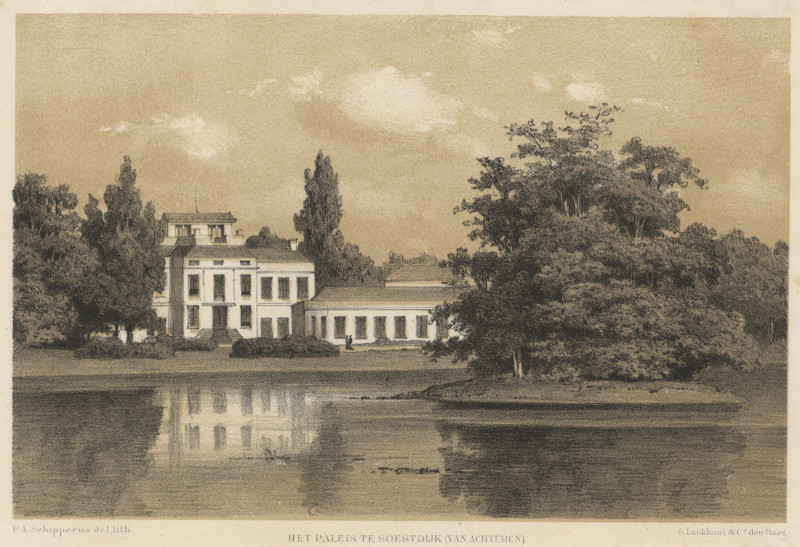afbeelding van prent Het paleis te Soestdijk (van achteren) van P.A. Schipperus (Baarn)