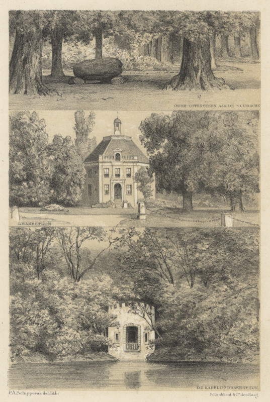 afbeelding van prent Oude offersteen aan de Vuursche; Drakesteijn; De Kapel op Drakesteijn van P.A. Schipperus (Lage Vuursche)