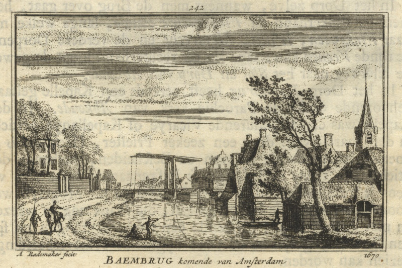 afbeelding van prent Baembrug komende van Amsterdam van A. Rademaker (Baambrugge)