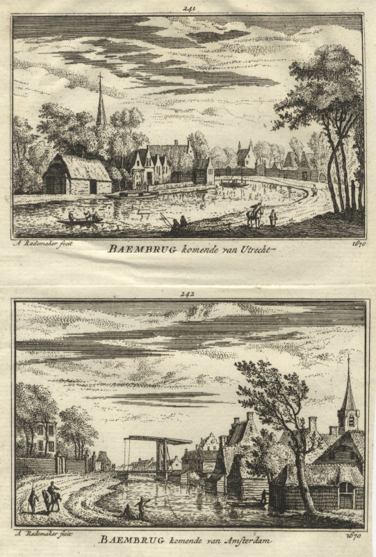 afbeelding van prent Baembrug komende van Utrecht; komende van Amsterdam van A. Rademaker (Baambrugge)