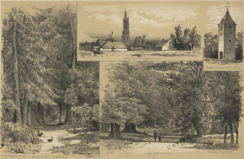 afbeelding van prent Gezicht op Amersfoort; Toren van Leusden; Bosch van Lockhorst, Bij Oud-Leusden van P.A. Schipperus (Amersfoort, Leusden)