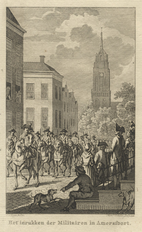 afbeelding van prent Het inrukken der Militairen in Amersfoort van R. Vinkeles naar J. Buys (Amersfoort)