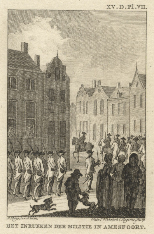 afbeelding van prent Het inrukken der militie in Amersfoort van R. Vinkeles en C. Bogerts, naar J. Buys (Amersfoort)