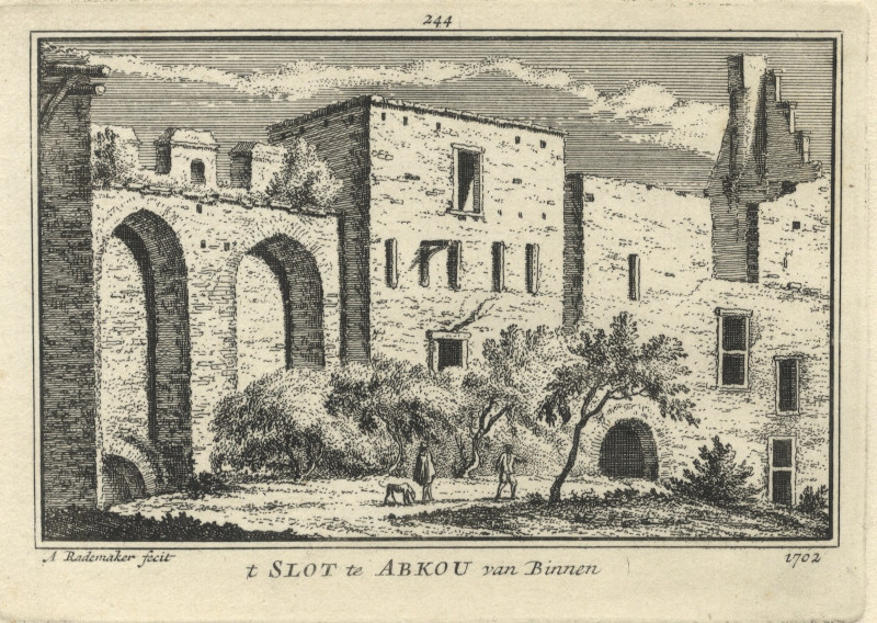afbeelding van prent t Slot te Abkou van Binnen 1702 van A. Rademaker (Abcoude)