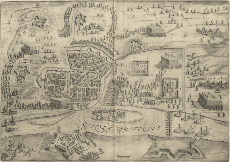 afbeelding van vogelvlucht Beleg van Zutphen van Bartholomeus Dolendo (Zutphen)
