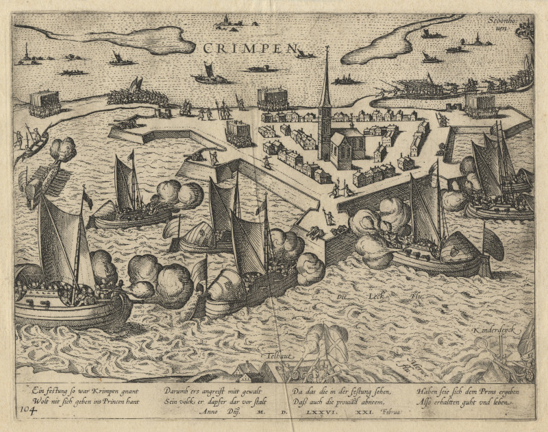 afbeelding van vogelvlucht Crimpen van F. Hogenberg (Krimpen aan de Lek)