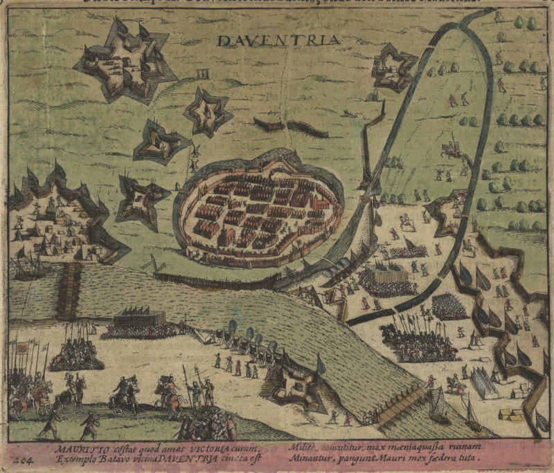 afbeelding van vogelvlucht Deventer. Onder Philips II. Gouvernerende Parma, ende den Prince Mauritius van W. Baudartius (Deventer)