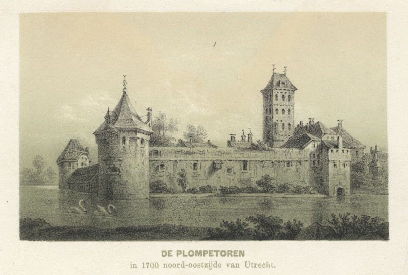 afbeelding van prent De Plompetoren, in 1700 noord-oostzijde van Utrecht van nn naar Paul van Liender (Utrecht)