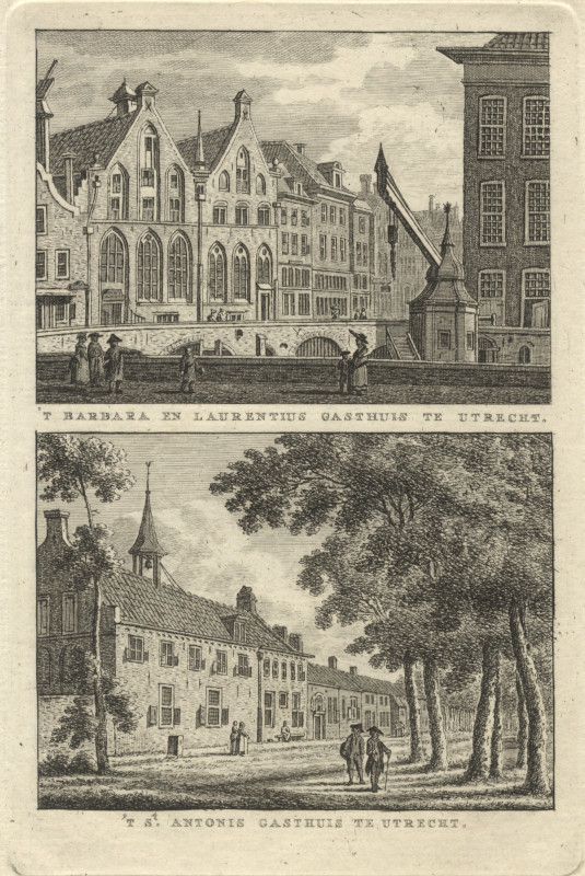 afbeelding van prent &acute;t Barbara en Laurentius Gasthuis; &acute;t St. Antonis Gasthuis te Utrecht van K.F. Bendorp naar J. Bulthuis (Utrecht)