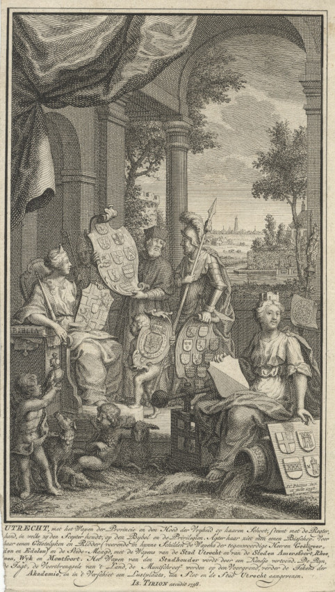 afbeelding van prent Utrecht, met het Wapen der Provincie en den Hoed der Vrijheid op haaren schoot... van J.C. Philips (Utrecht)