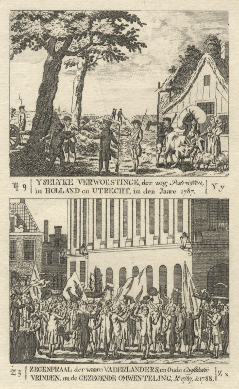 afbeelding van prent Yselyke Verwoestinge, der zog Patriotten...; Zegenpraal der waare Vaderlanders ... van nn (Utrecht)
