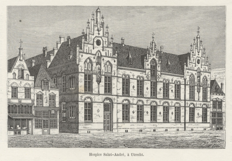 afbeelding van prent Het Andreas-Gasthuis te Utrecht van H.A. van Trigt naar Sluyter (Utrecht)
