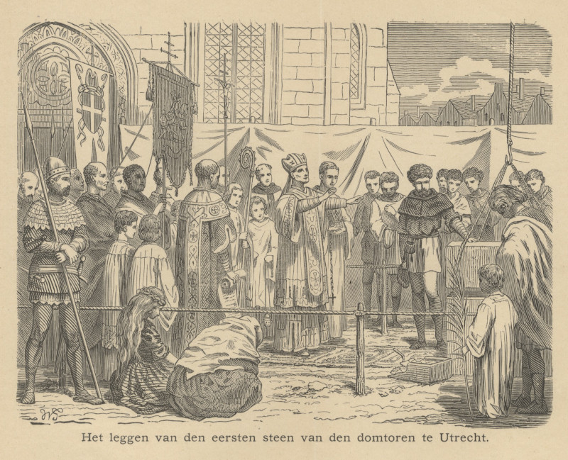 afbeelding van prent Het leggen van den eersten steen van den domtoren te Utrecht van nn (Utrecht)