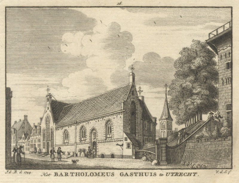 afbeelding van prent Het Bartholomeus gasthuis te Utrecht van J. v.d. Spijk naar J. de Beijer (Utrecht)