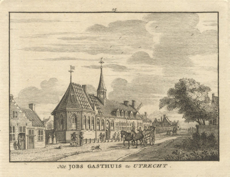 afbeelding van prent Het Jobs Gasthuis te Utrecht van J. v.d. Spijk naar J. de Beijer (Utrecht)