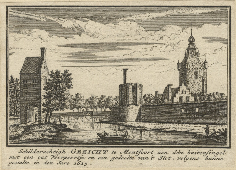 afbeelding van prent Schilderachtigh Gezicht te Montfoort aen den buitensingel met een out Voorpoortje van A. Rademaker (Montfoort)