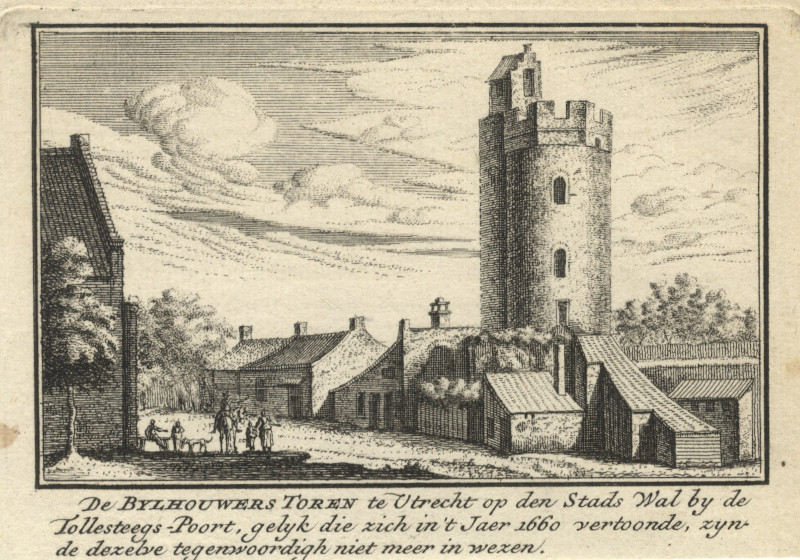 afbeelding van prent De Bylhouwers Toren te Utrecht op den Stads Wal by de Tollesteegs-Poort van A. Rademaker (Utrecht)