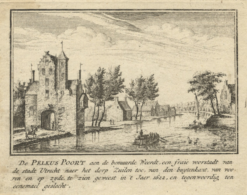 afbeelding van prent De Pelkus Poort aan de bemuurde Weerdt, een fraie voorstadt van de stadt Utrecht van nn naar A. Rademaker (Utrecht)