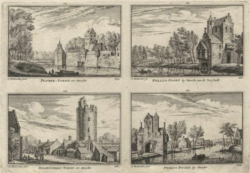 afbeelding van prent Plompe-Toren; Pellus-Poort; Bylhouders-Toren; Pellus Poort van A. Rademaker (Utrecht)