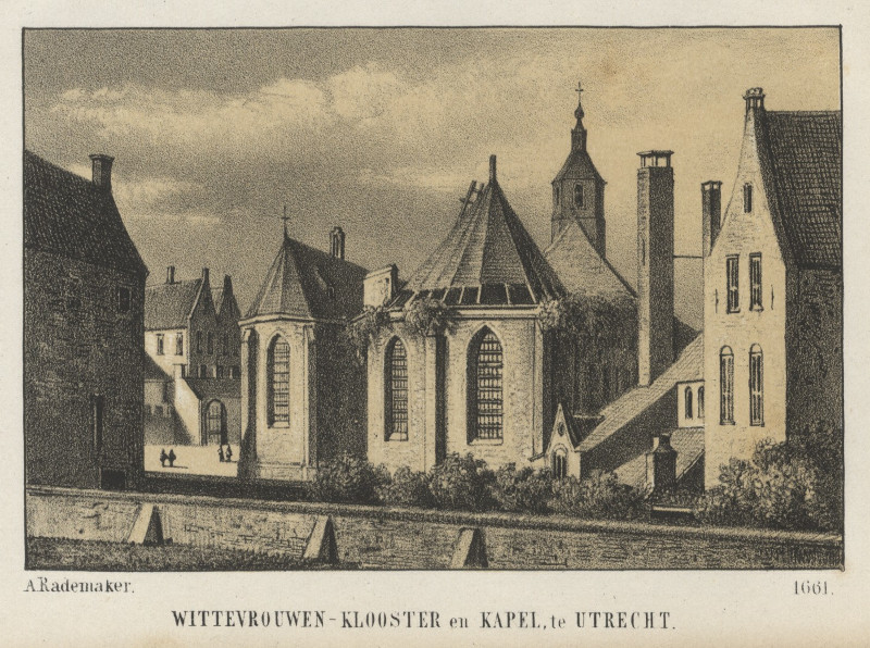 afbeelding van prent Wittevrouwen-klooster en Kapel te Utrecht, 1661 van nn naar A. Rademaker (Utrecht)