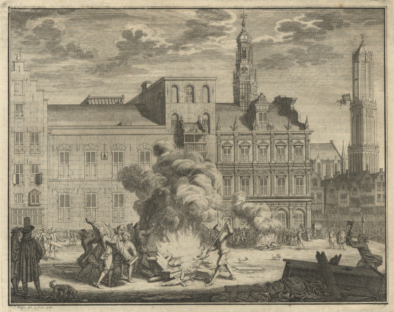 afbeelding van prent Vreugdevuur voor het stadhuis van Utrecht in 1673 van J.C. Philips (Utrecht)